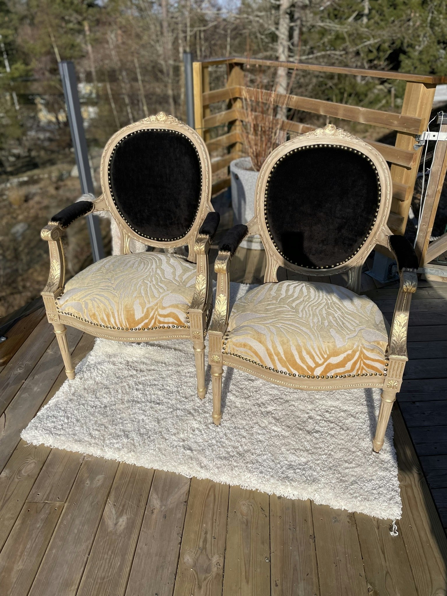 Eleganta stolar i svart och zebra samt med gulddetajer
