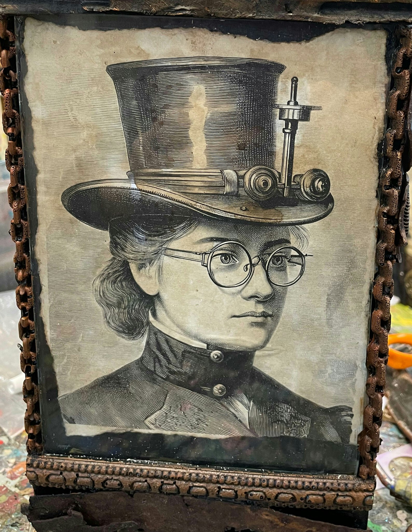 Steampunk unika tavlor olika motiv med steampunktema cool kvinna, närbild, hatt, glasögon