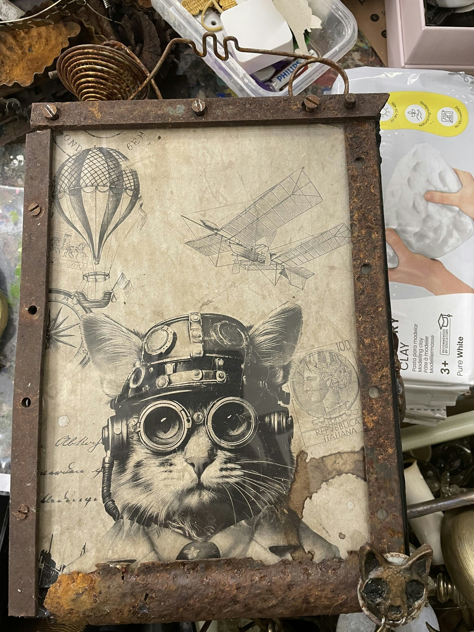 Steampunk unika tavlor olika motiv med steampunktema katt luftballong flygare, närbild