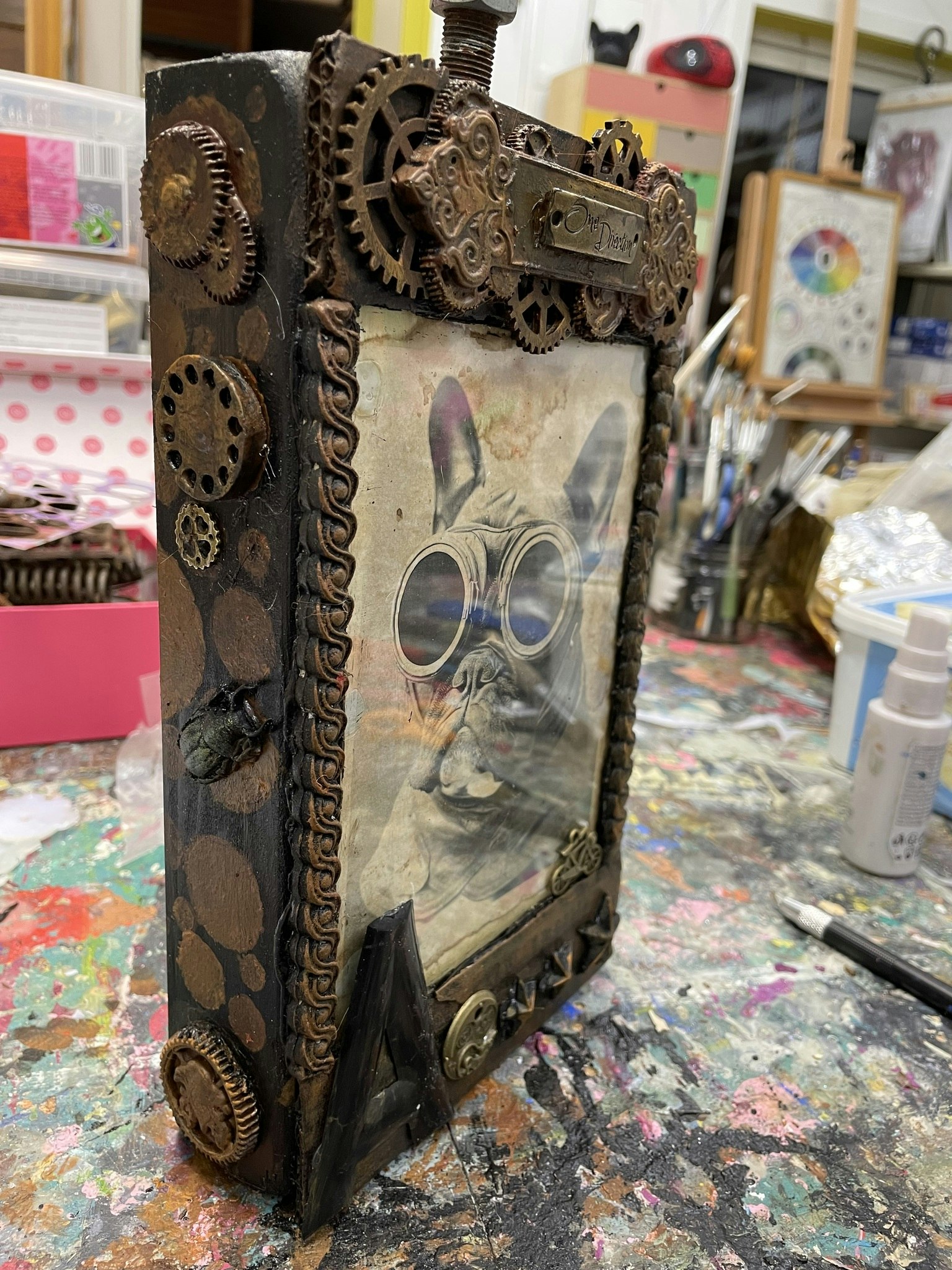 Steampunk unika tavlor olika motiv med steampunktema Fralla, Fransk bulldog flygare