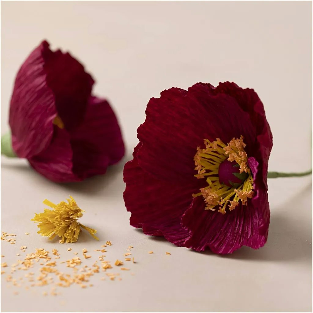 Kräppapper Vallmo    Mini DIY Kit, vinröd, mörkröd, blomma,