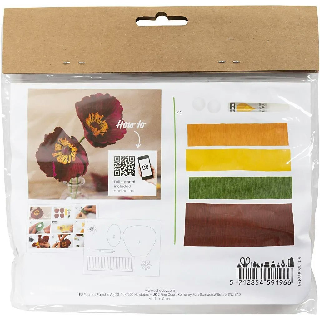 Kräppapper Vallmo    Mini DIY Kit, vinröd, mörkröd, blomma, lim, blomstjälkar, baksida QR-kod