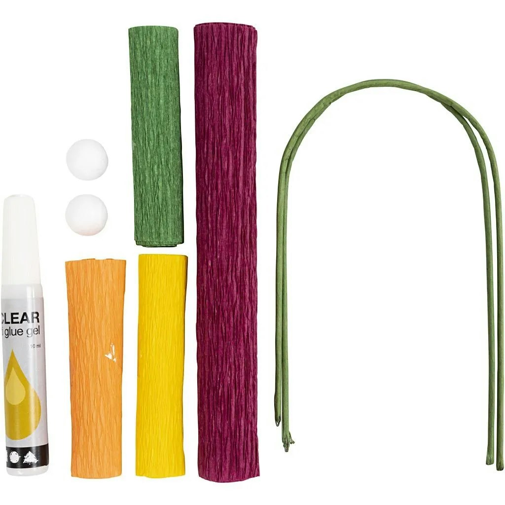 Kräppapper Vallmo    Mini DIY Kit, vinröd, mörkröd, blomma, lim, blomstjälkar