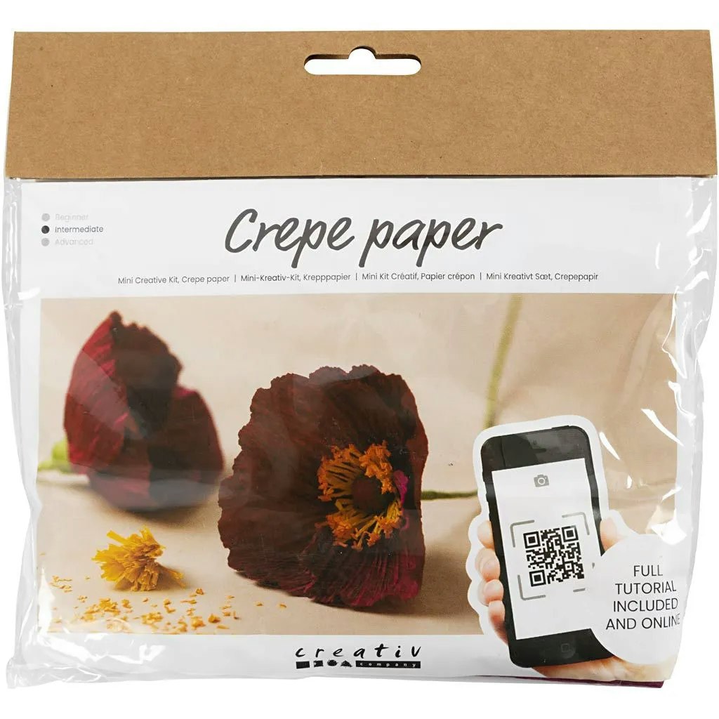 Kräppapper Vallmo    Mini DIY Kit, vinröd, mörkröd, blomma, lim, blomstjälkar, framsida