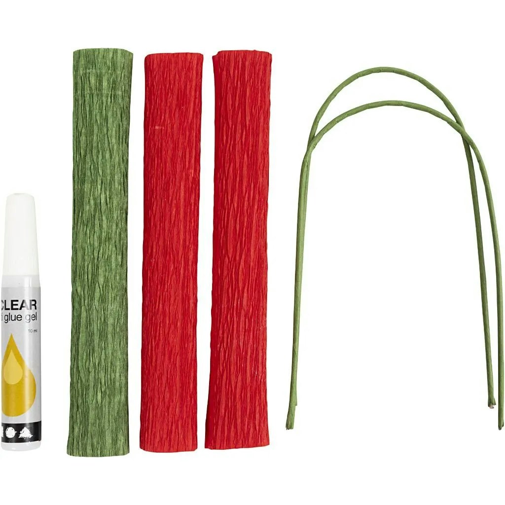 Kräppapper Röd Ros    Mini DIY Kit, innehåll, blommor, blomstjälkar, lim