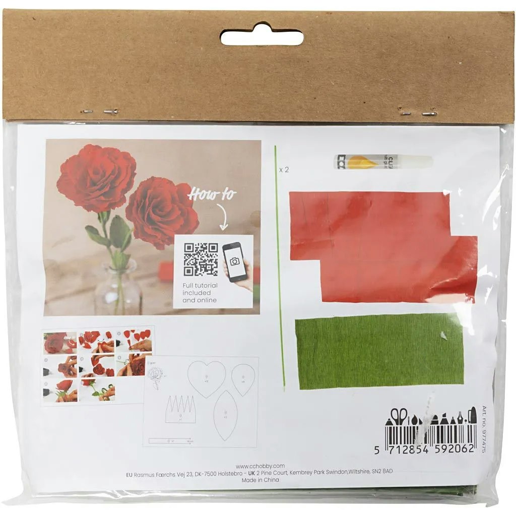 Kräppapper Röd Ros    Mini DIY Kit, innehåll, blommor, blomstjälkar, lim QR-kod, baksida