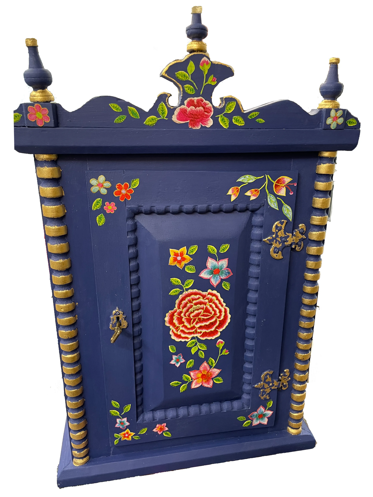 blått skåp, handmålat, tapet, napoleonic blue, annie sloan, chalk paint, bladmetall, guld