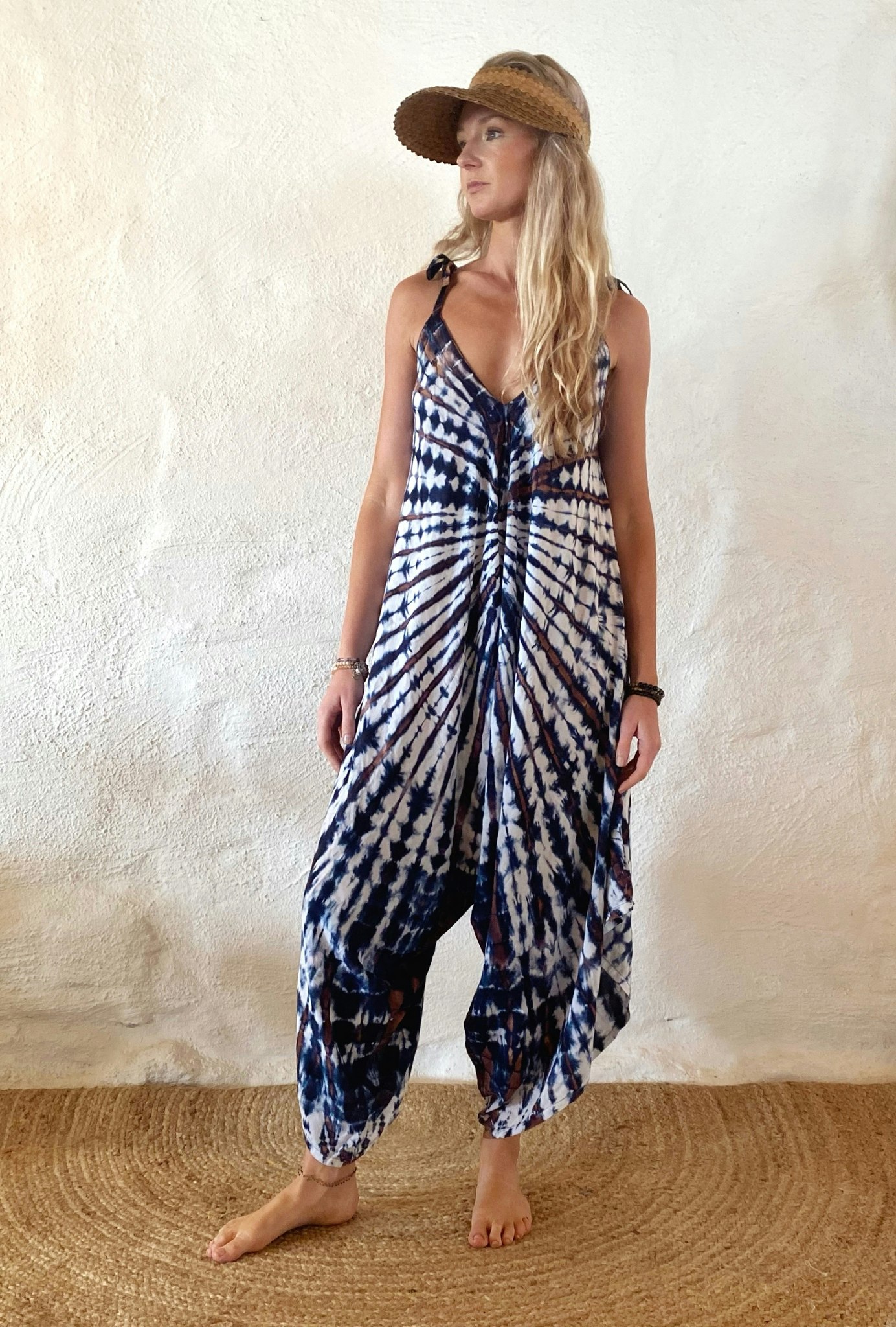 Byxdress jumpsuit tiedye blå/vit/brun