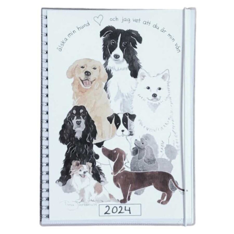 Skrivkalender 2024 med hundmotiv på framsida. Format A5