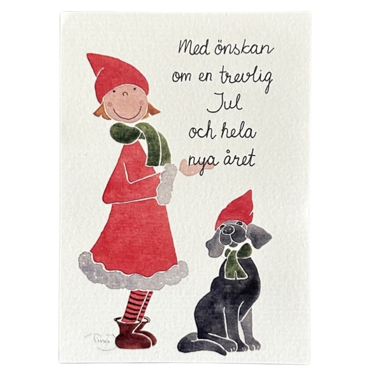 Fint julkort målat av konstnär och illustratör Tina Järdhult och med texten ”Med önskan om en trevlig Jul och hela nya året”