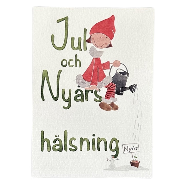 Fint julkort målat av konstnär och illustratör Tina Järdhult och med texten ”Jul och Nyårshälsning” 10,5x15 cm