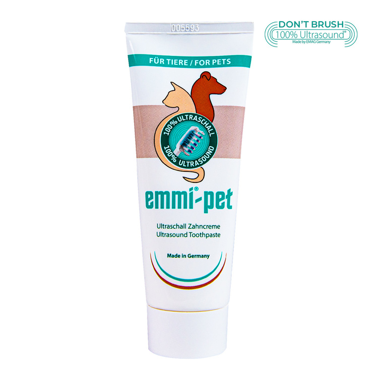 Emmi®-Pet ultraljudstandkräm.  Agerar mot tandsten och gingivit och förhindrar dålig lukt. Används tillsammans med Emmi-Pet ultraljudstandborste  Tub med 75 ml innehåll.