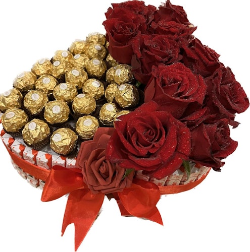 Choklad & blommor i form av ett hjärta (bara Stockholm)