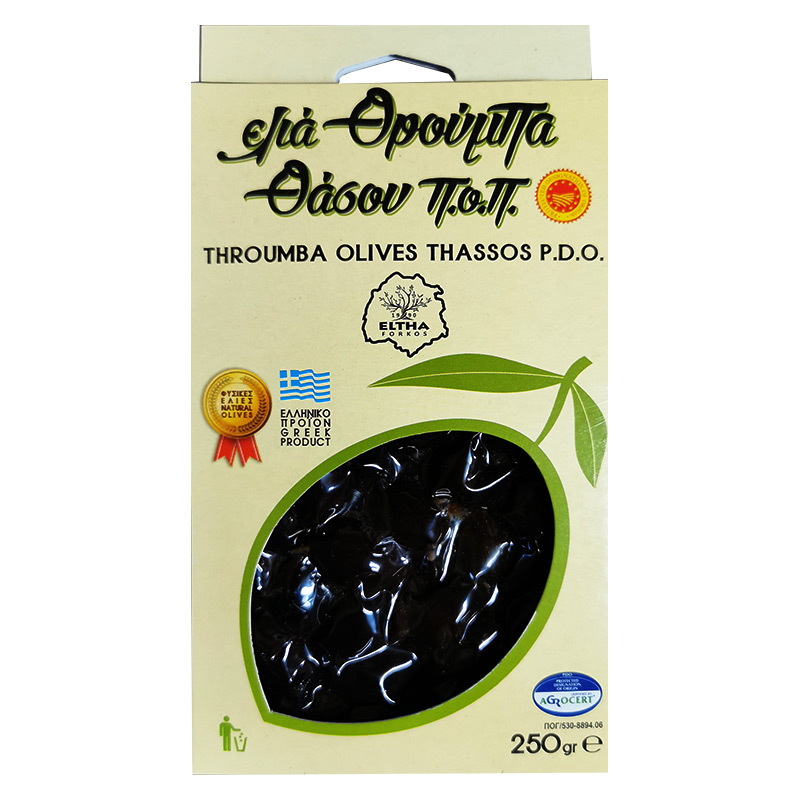 Luomu Throumba mustia oliiveja pohjois Kreikan Thassos saarelta. kreikassa Biofrescon valmistama ja pakkaama tuote.