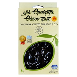 Kreikkalaiset Luomu Mustat Oliivit - Throumba Thassou 250g