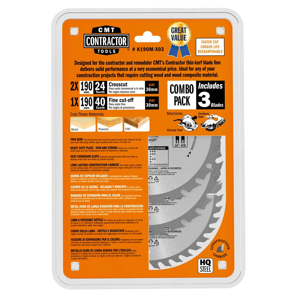 Pakke -- 3stk. D190--2,2/1,4--Ø30--Z24/40 Kløv/Kapp---Finkapp CONTRACTOR  (rimelig pris) - CMT Orange Tools