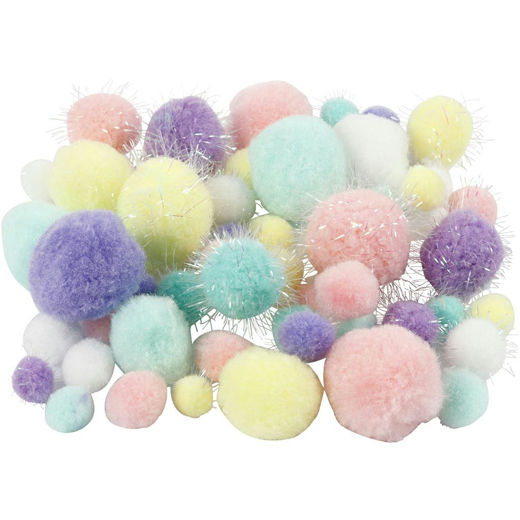 Pompoms, Dia. 15-40 mm, glitter, pastellfärger, 62 g/ 1 förp.