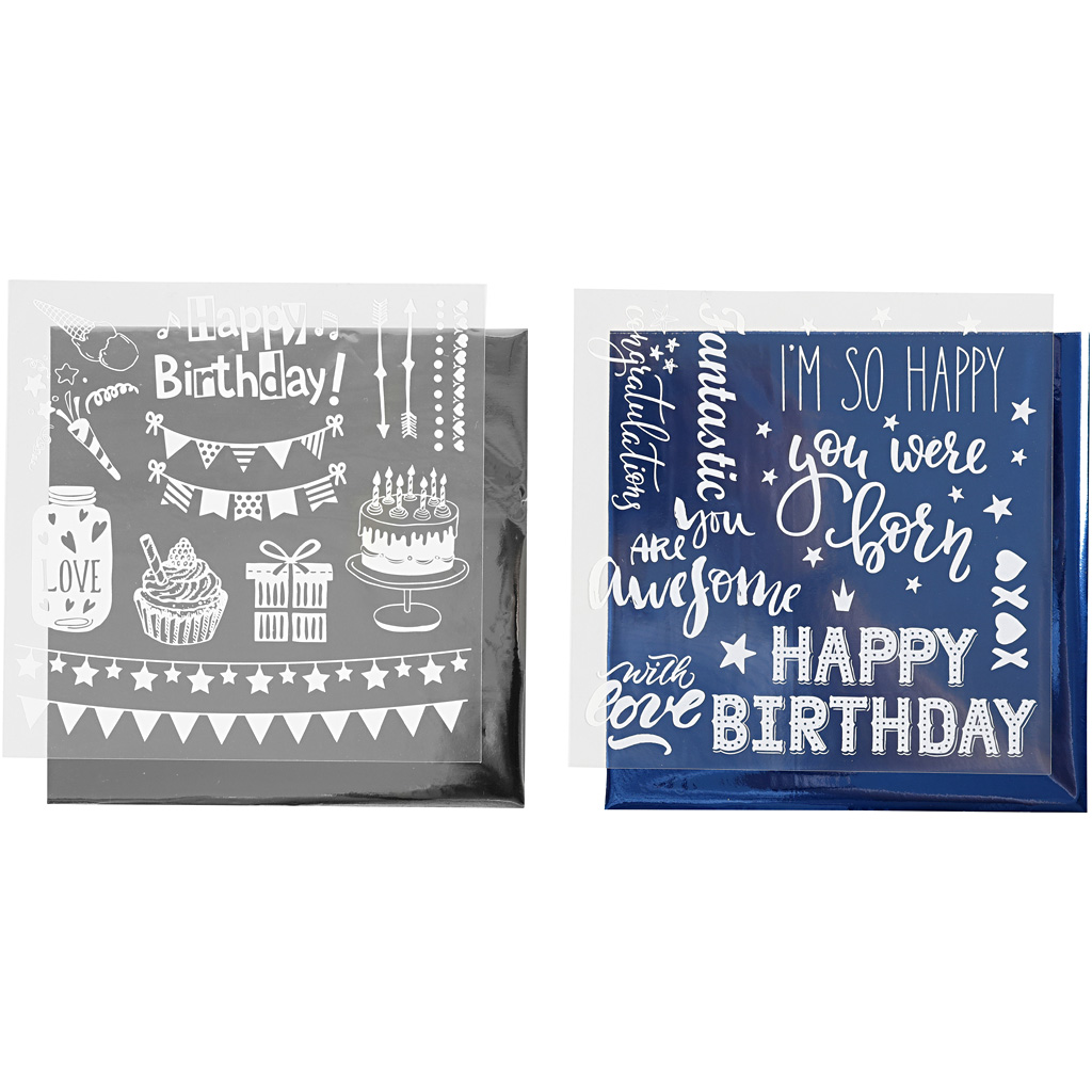Dekorationsfolie och limark med motiv, födelsedag, 15x15 cm, mörkblå, silver, 2x2 ark/ 1 förp.