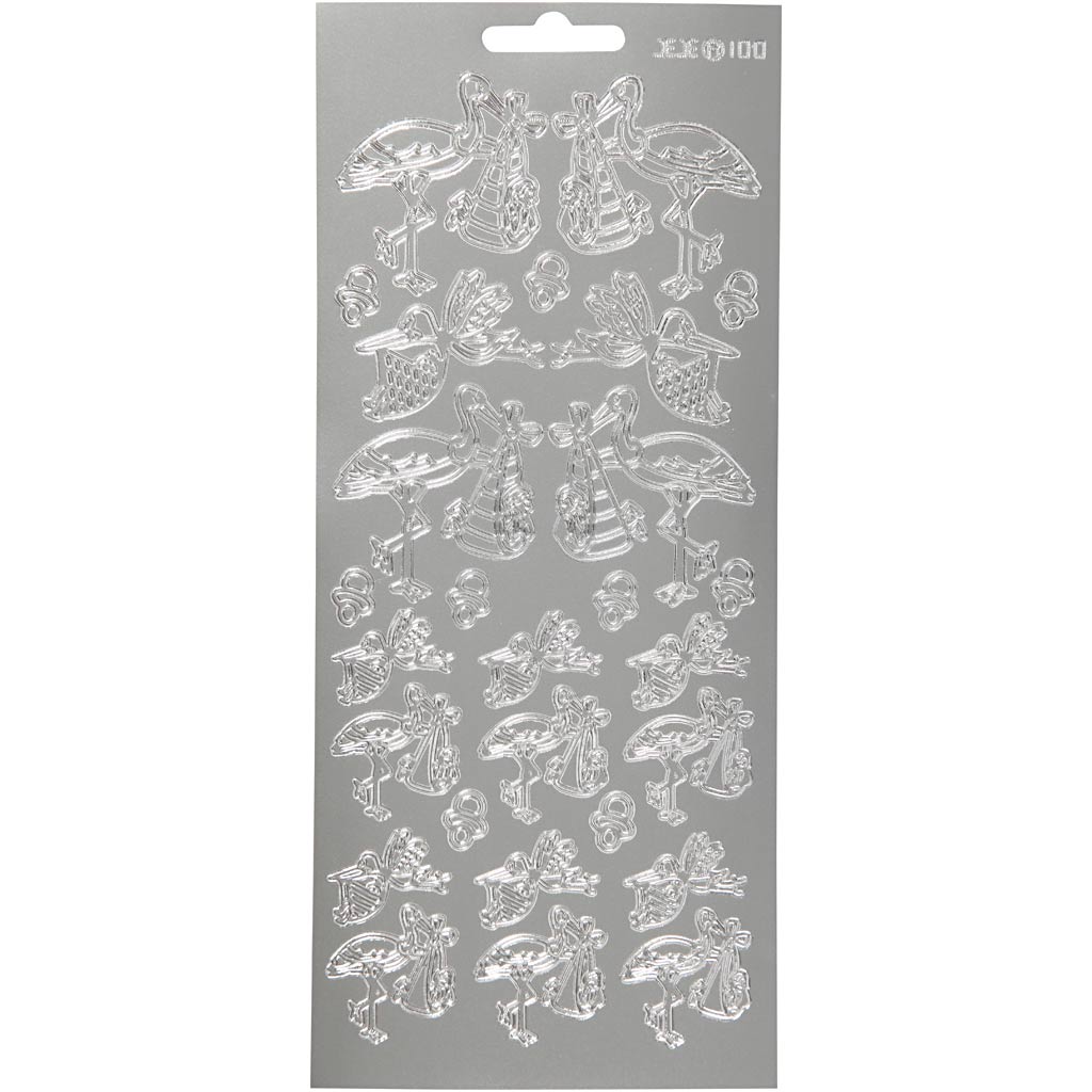 Stickers, stork med baby, 10x23 cm, silver, 1 ark