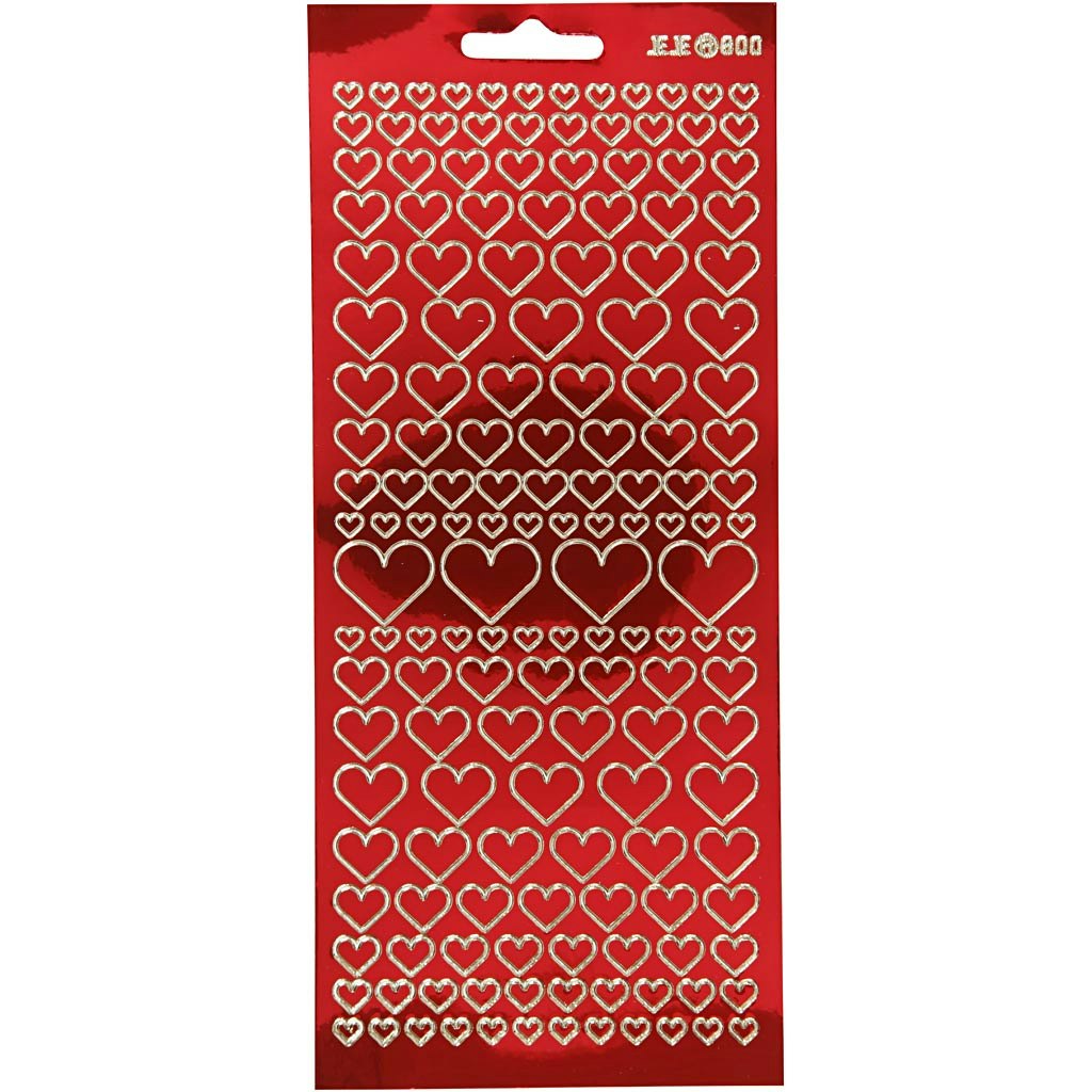 Stickers, hjärtan, 10x23 cm, transparent röd, 1 ark