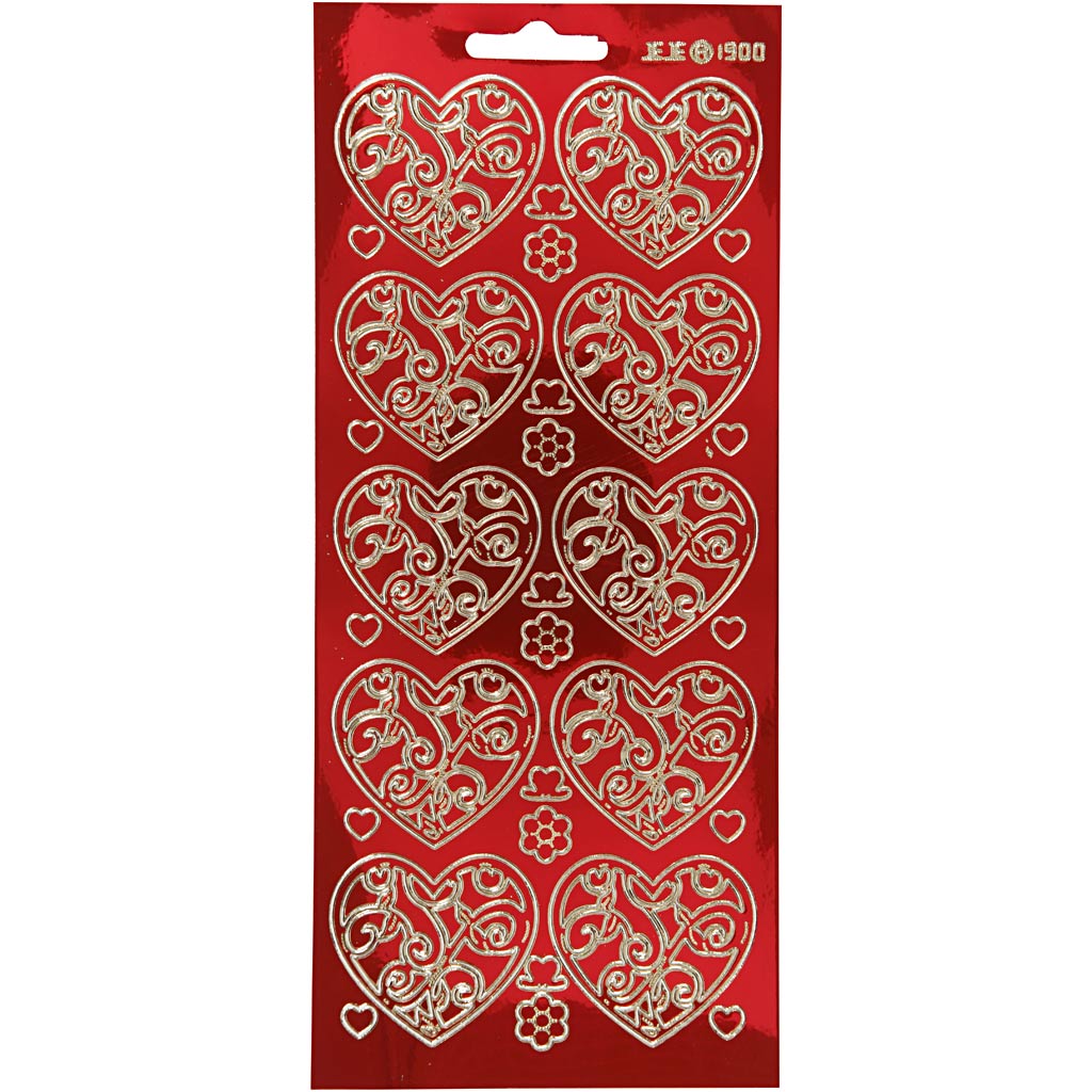 Stickers, hjärtan, 10x23 cm, guld, transparent röd, 1 ark