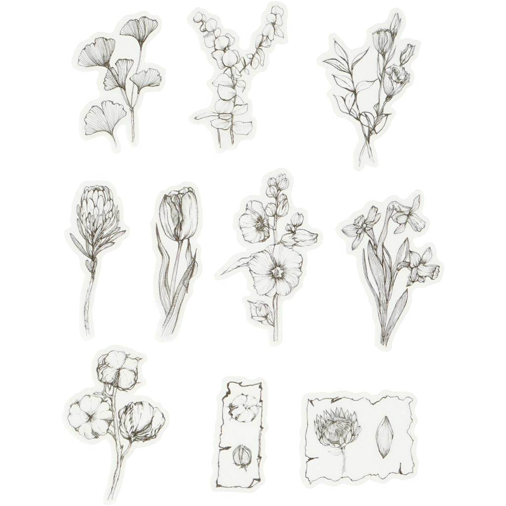 Washi stickers, svart/vita blommor, stl. 30-50 mm, 30 st./ 1 förp.