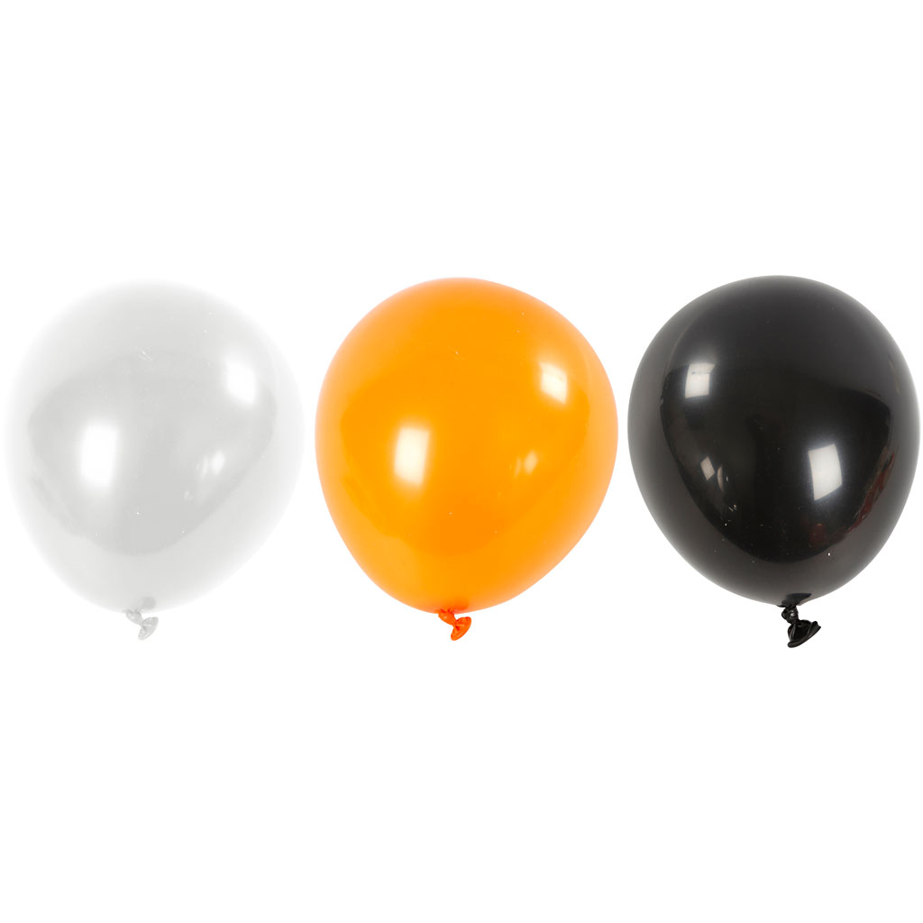Ballonger, runda, Dia. 23-26 cm, svart, orange, vit, 10 st./ 1 förp.