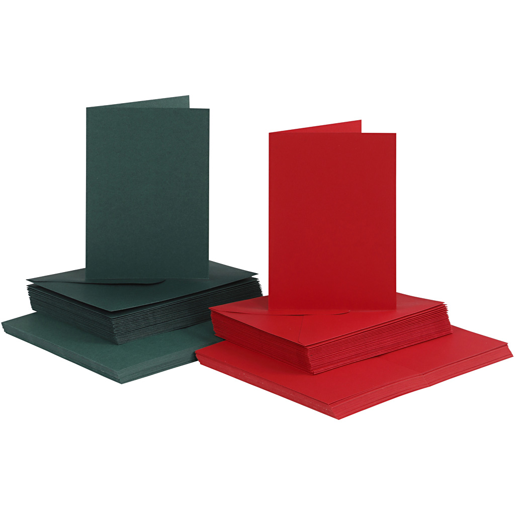 Kort och kuvert, kortstl. 10,5x15 cm, kuvertstl. 11,5x16,5 cm, 110+230 g, grön, röd, 50 set/ 1 förp.