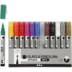 Glas- och porslinstusch, spets 1-2 mm, semi opaque, mixade färger, 12 st./ 1 förp.
