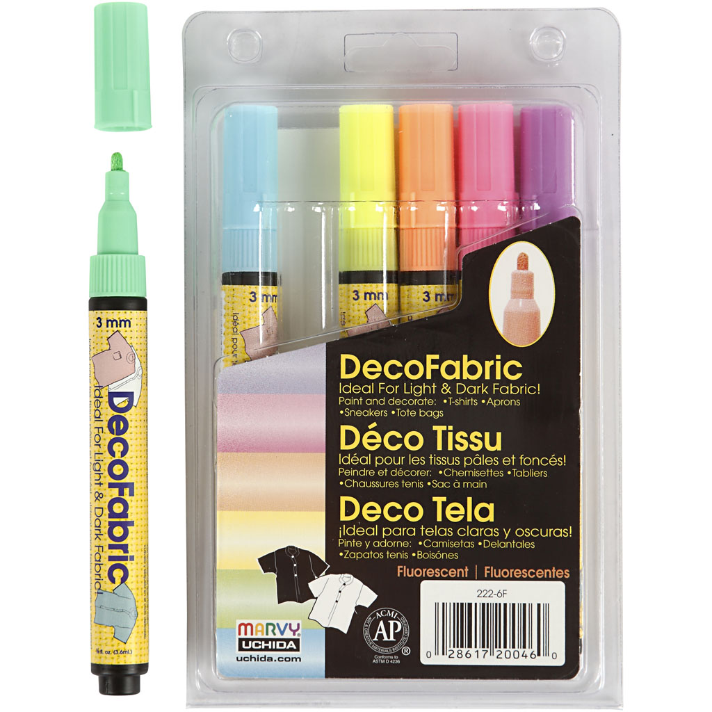 Deco textilpennor, spets 3 mm, neonfärger, 6 st./ 1 förp.