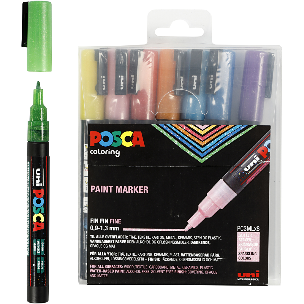 Posca Marker , nr. PC-3ML, spets 0,9-1,3 mm, glitter färger, 8 st./ 1 förp.
