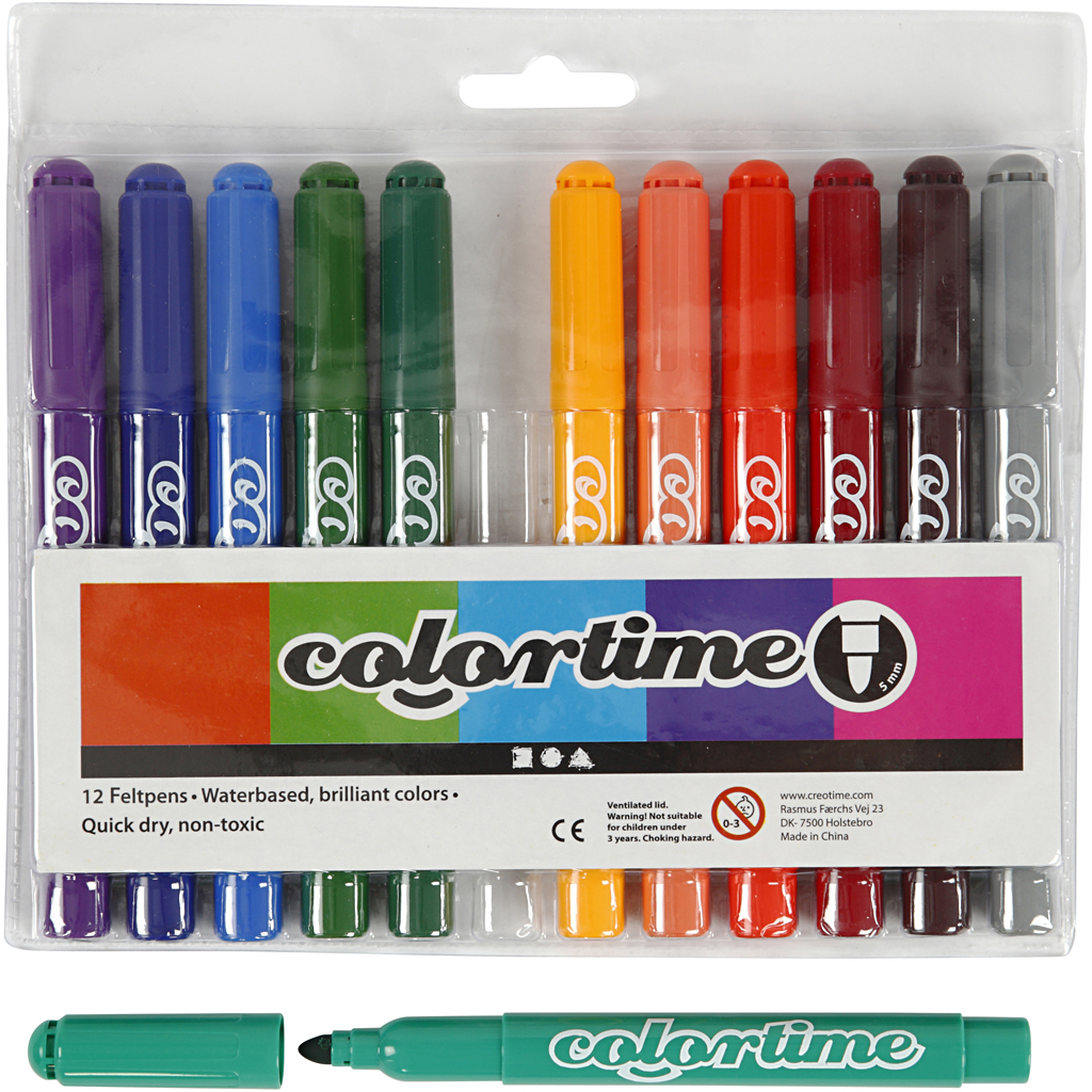 Colortime tuschpennor, spets 5 mm, kompletterande färger, 12 st./ 1 förp.