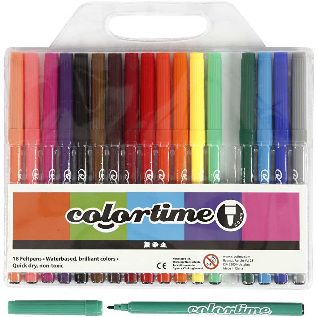 Colortime tuschpennor, spets 2 mm, mixade färger, 18 st./ 1 förp.