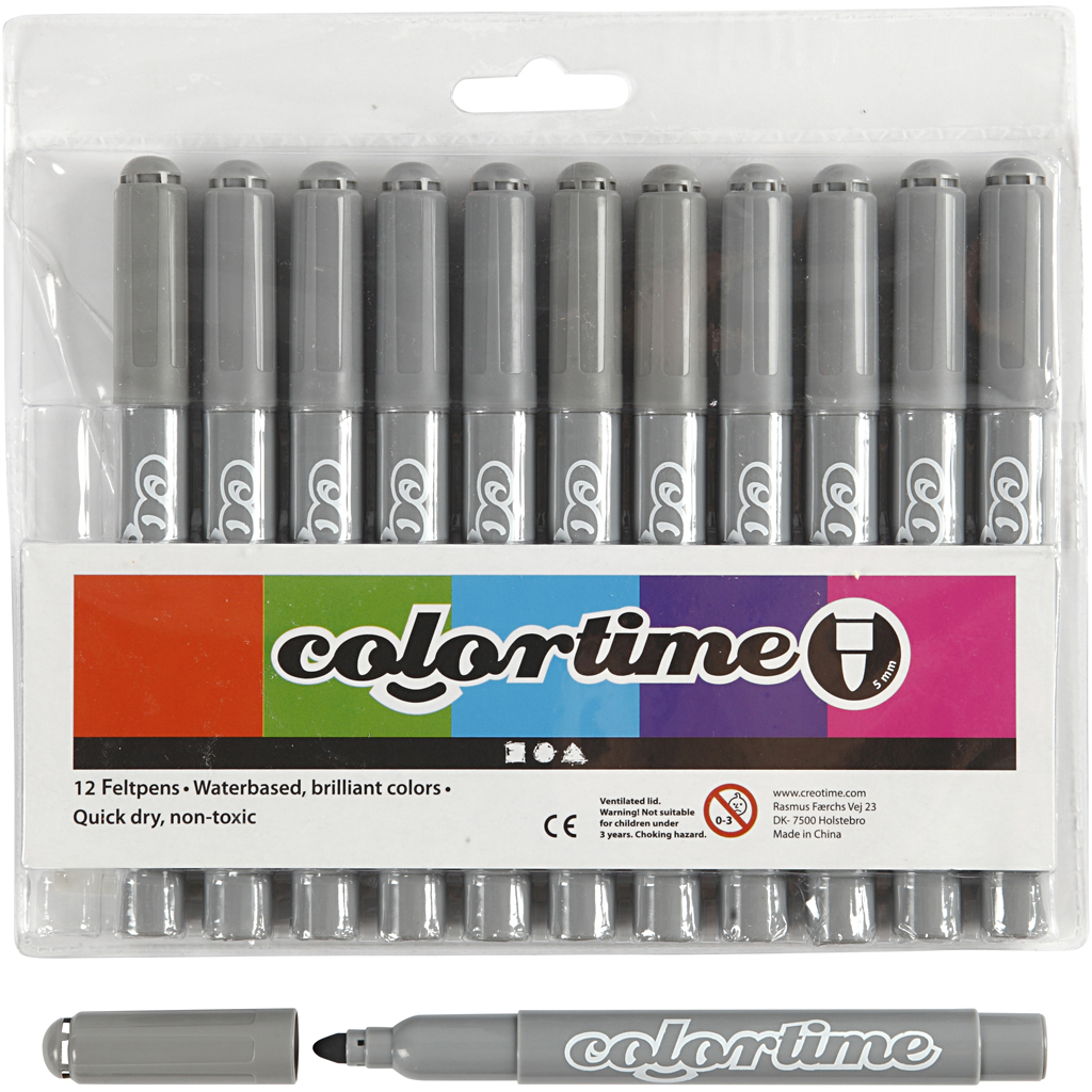 Colortime tuschpennor, spets 5 mm, grå, 12 st./ 1 förp.