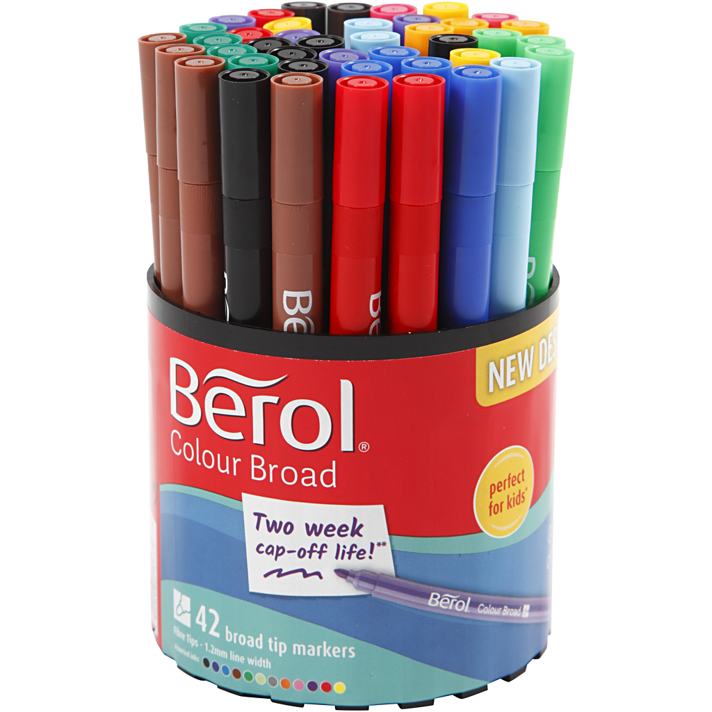 Berol Colourfine, Dia. 10 mm, spets 0,3-0,7 mm, mixade färger, 42 st./ 1 burk