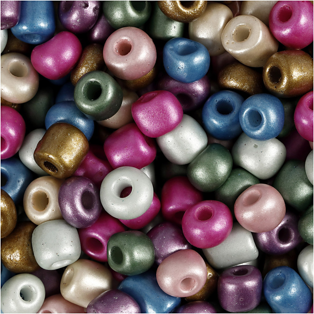 Rocaipärlor, Dia. 5 mm, stl. 4/0 , Hålstl. 1,2 mm, metallicfärger, 130 g/ 1 förp.