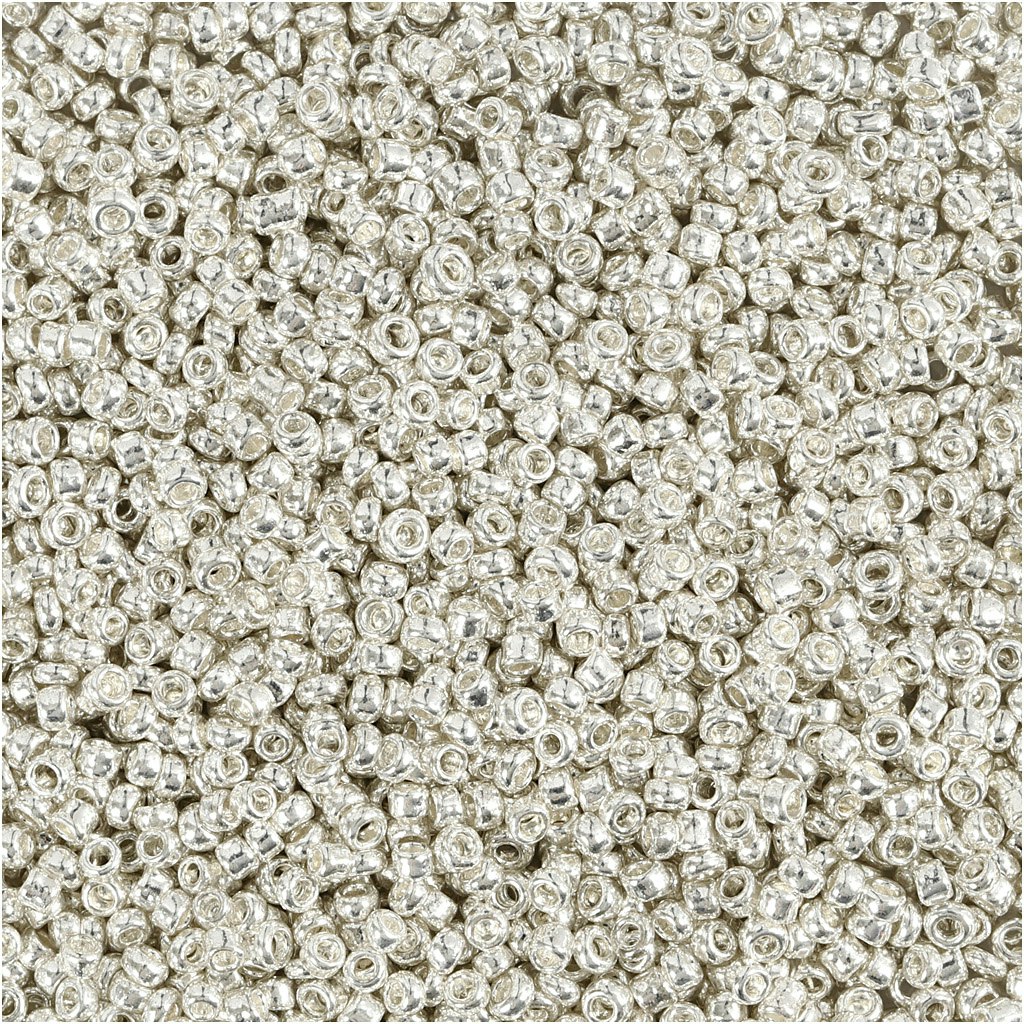 Rocaipärlor, Dia. 1,7 mm, stl. 15/0 , Hålstl. 0,5-0,8 mm, silver metall, 25 g/ 1 förp.