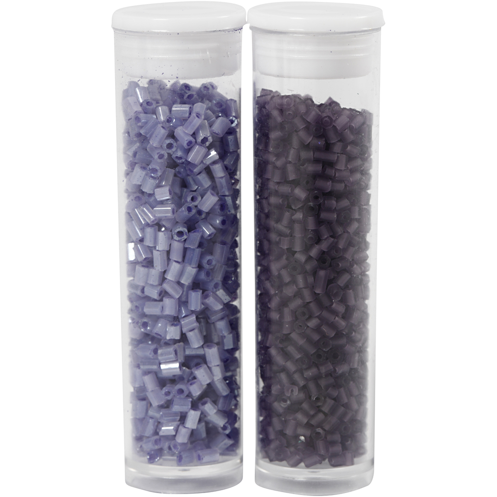 Rocaipärlor, 2-cut, Dia. 1,7 mm, stl. 15/0 , Hålstl. 0,5 mm, frostad lila, transparent lila, 2x7 g/ 1 förp.