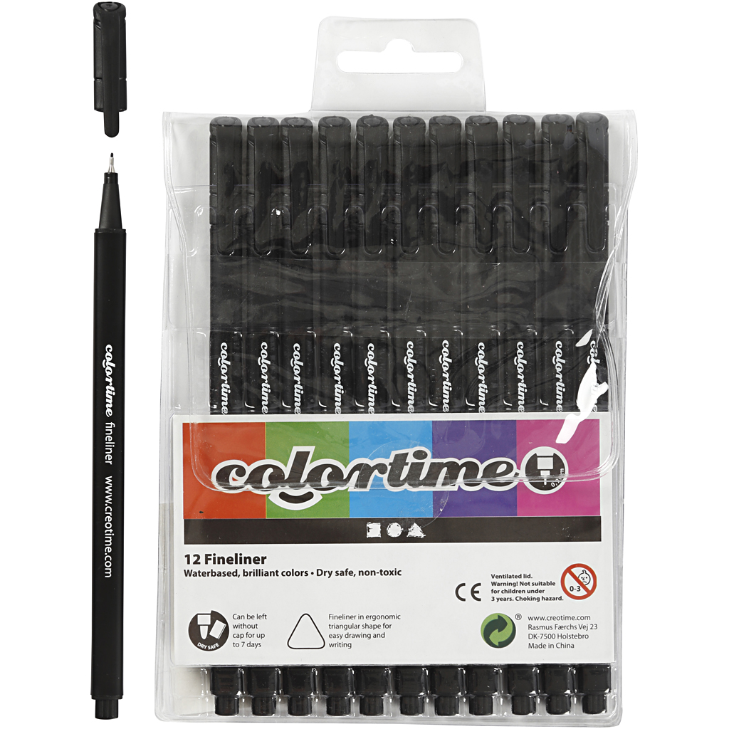 Colortime Fineliner Tusch, spets 0,6-0,7 mm, svart, 12 st./ 1 förp.