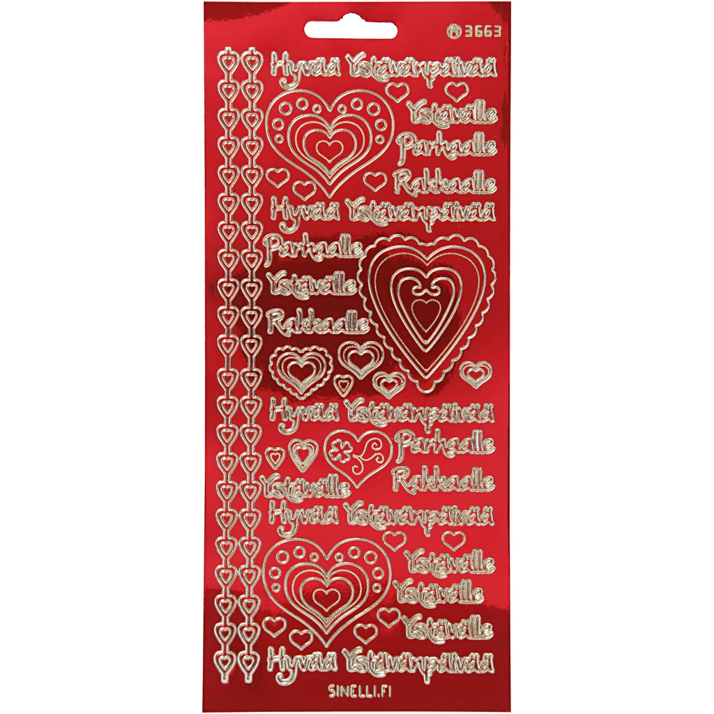 Stickers, Hyvaa Ystävänpäivää, 10x23 cm, guld, transparent röd, 1 ark