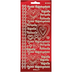 Stickers, Hyvaa Ystävänpäivää, 10x23 cm, guld, transparent röd, 1 ark
