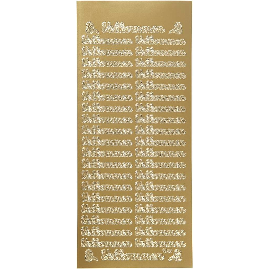 Stickers, velkommen, 10x23 cm, guld, 1 ark