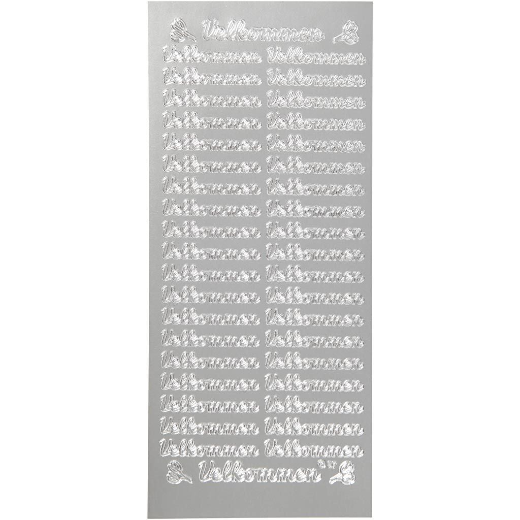 Stickers, velkommen, 10x23 cm, silver, 1 ark