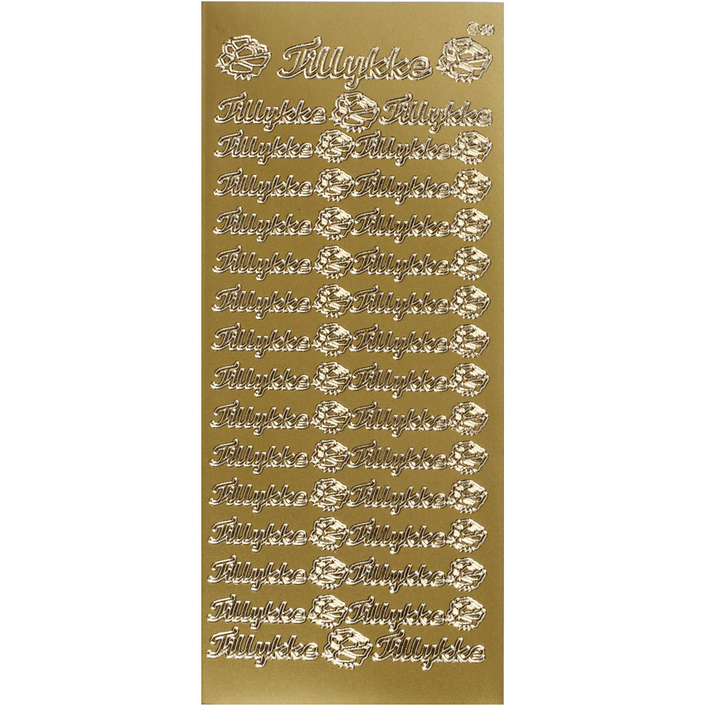 Stickers, tillykke, 10x23 cm, guld, 1 ark