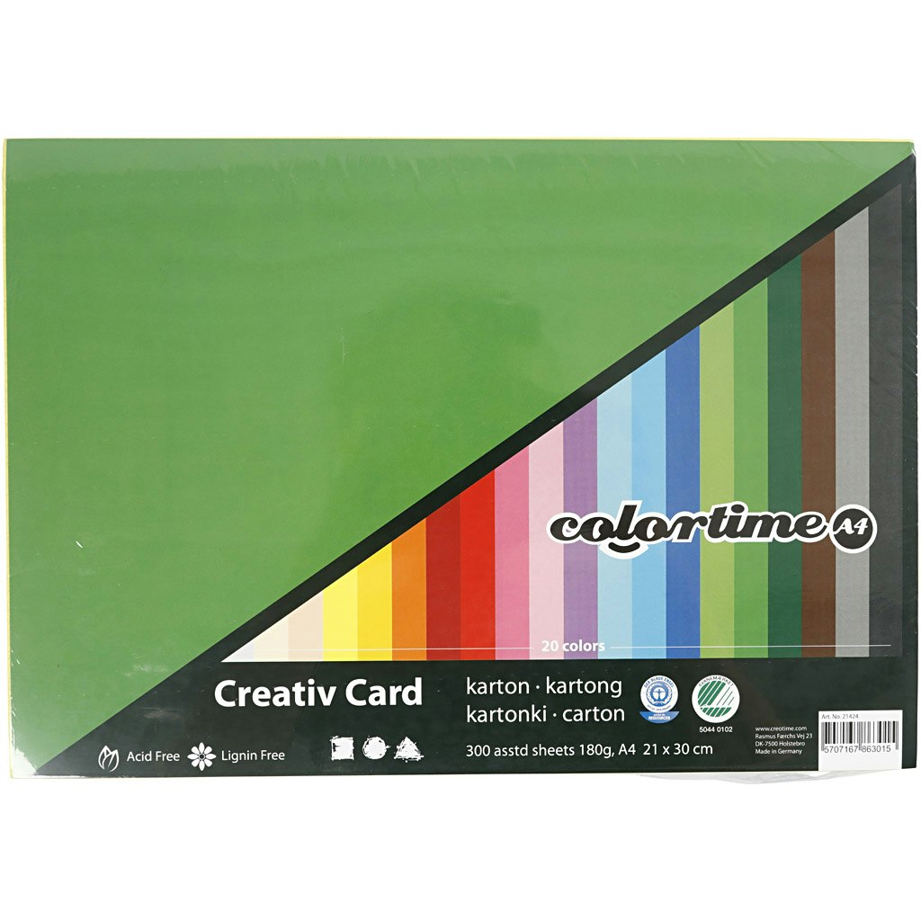 Creativ kartong, A4, 210x297 mm, 180 g, mixade färger, 300 mix. ark/ 1  förp. - Club Creo Webbshop