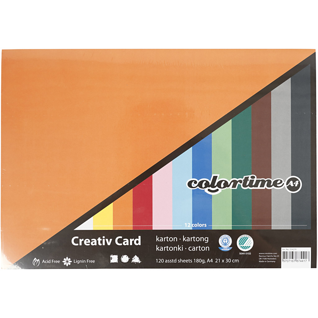 Creativ kartong, A4, 210x297 mm, 180 g, mixade färger, 12x10 ark/ 1 förp.