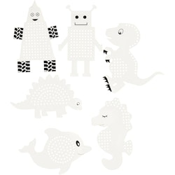 Broderifigurer, djur/robot, H: 8-13 cm, vit, 6x3 st./ 1 förp.
