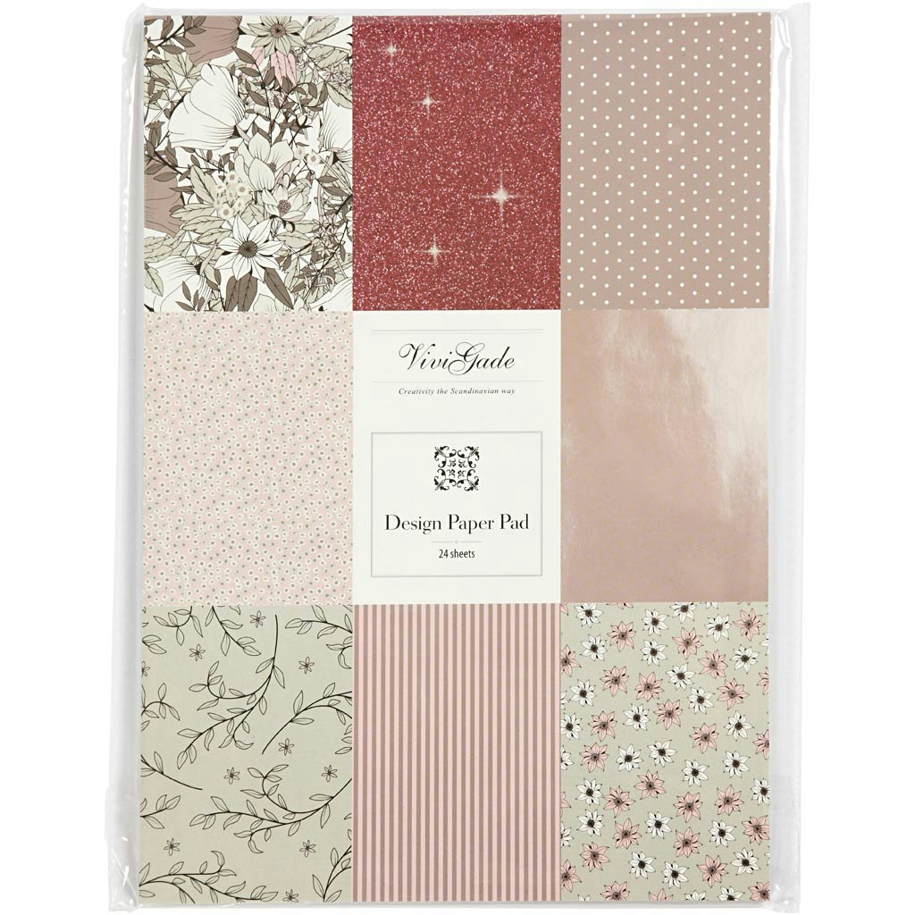 Designpapper i block, stl. 21x30 cm, 120+128 g, beige, brun, rosa, vit, 24 ark/ 1 förp.