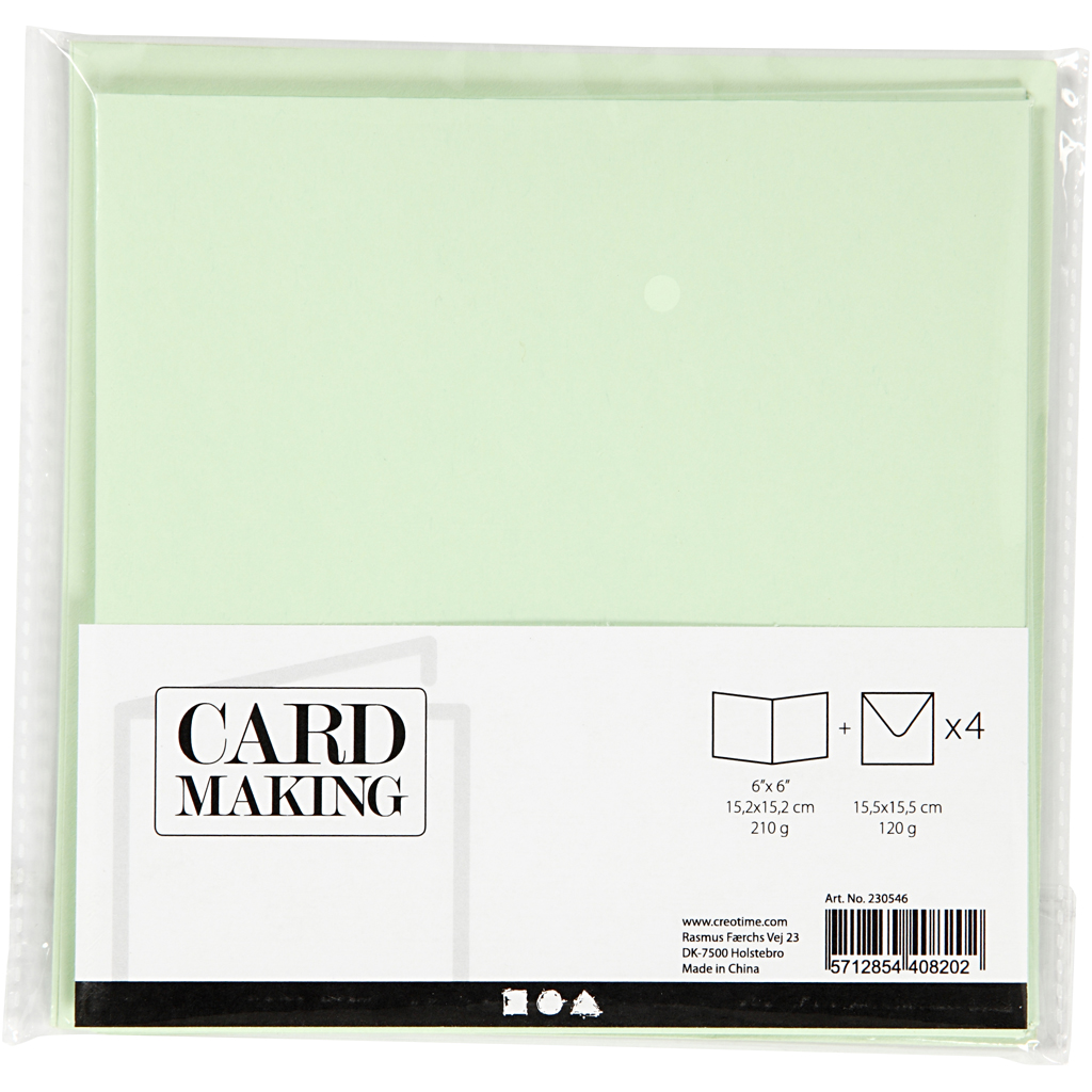 Kort och kuvert, kortstl. 15,2x15,2 cm, kuvertstl. 16x16 cm, 210 g, ljusgrön, 4 set/ 1 förp.