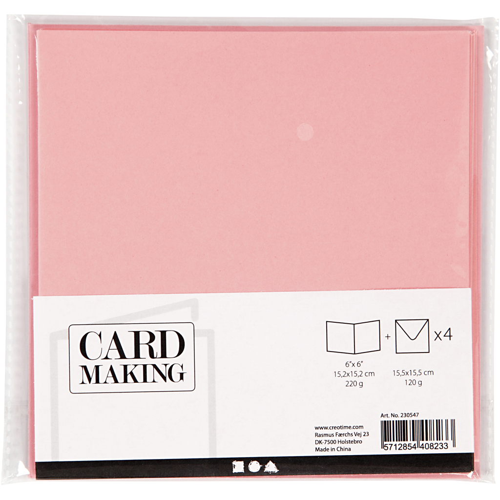 Kort och kuvert, kortstl. 15,2x15,2 cm, kuvertstl. 16x16 cm, 220 g, rosa, 4 set/ 1 förp.